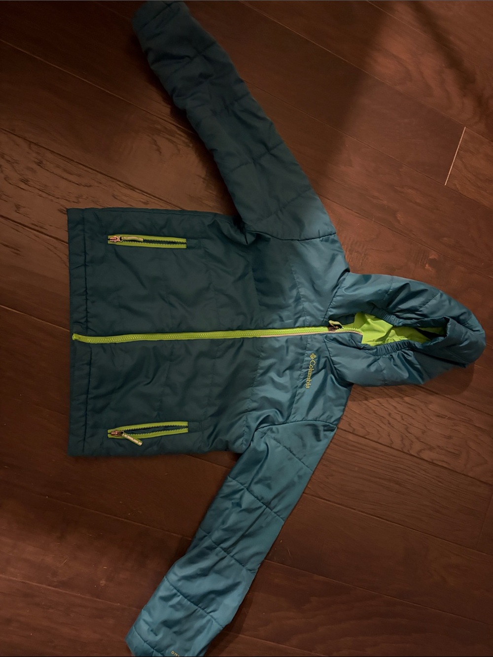 Columbia Teal Hooded Puffer Jacket with Lime Zipper Accents